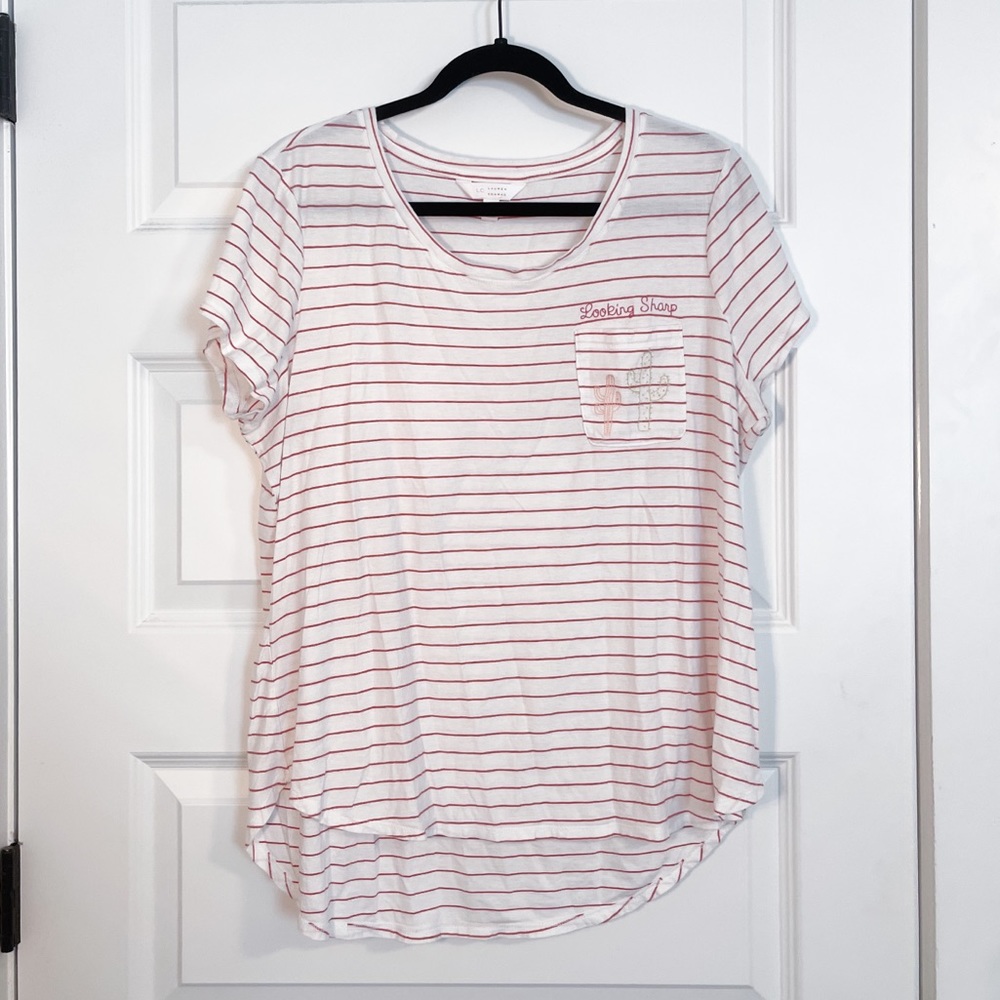 Lauren Conrad Red and White Striped T-Shirt, Size Extra Large